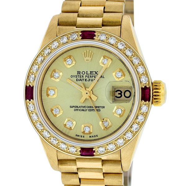 Rolex Ladies 18K Yellow Gold Champagne And Ruby Diamond President Wristwatch