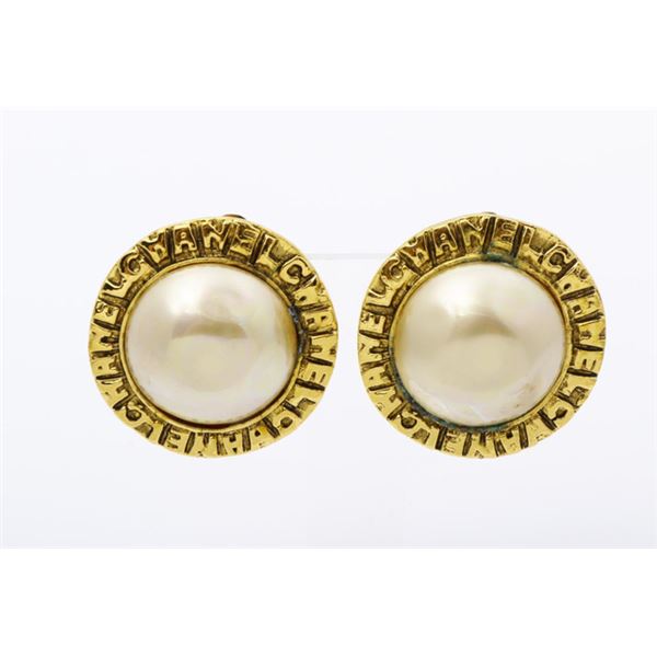 Chanel Gold-tone Metal Round Faux Pearl Logo Clip-on Earrings
