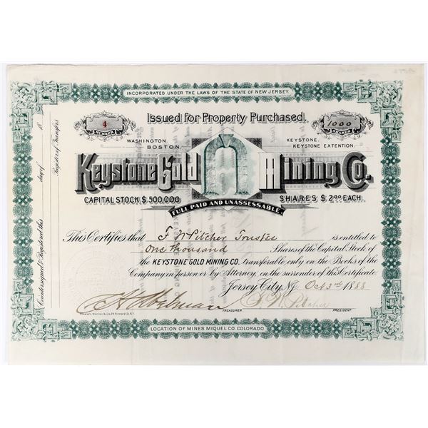 Keystone Gold Mining Company Stock Certificate [155521]