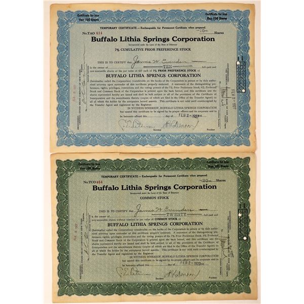 Buffalo Lithia Springs Corporation Stock Certificates (2) [127970]