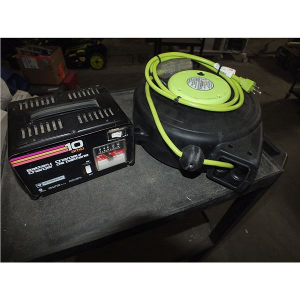 10 Amp Battery Charger & Extension Cord reel w/ Cord