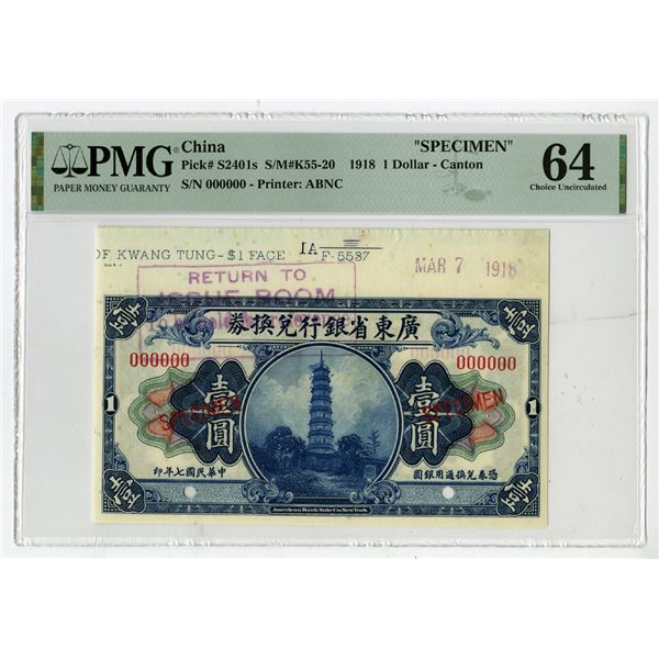 Provincial Bank of Kwang Tung Province, 1918, Specimen Banknote
