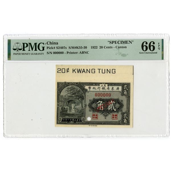 Provincial Bank of Kwang Tung Province, 1922, Specimen Banknote