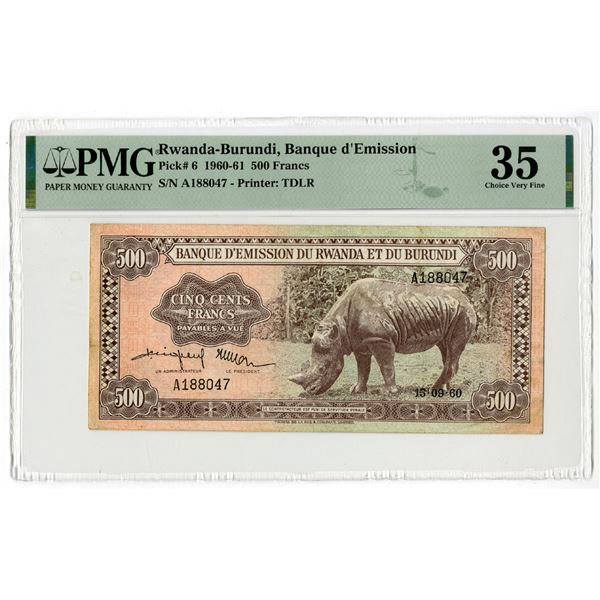 Banque D'Emission Du Rwanda et du Burundi, 1960 Issued Banknote Rarity.