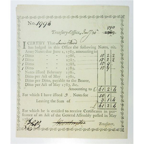 Treasury Office. Receipt viz. Army Notes, 1790