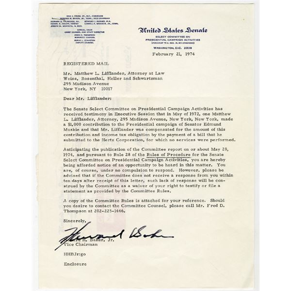 Howard H. Baker, Jr. Letter with Autograph, 1974