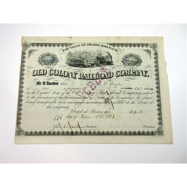 Old Colony Railroad Co., 1871, I/C Stock Certificate signed by Onslow Stearn as President.