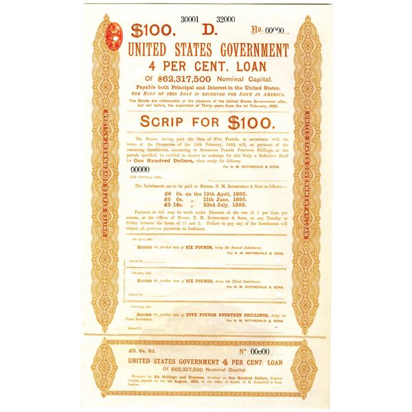 United States Government 4% Loan, Scrip for $100, 1895 Specimen Bond.