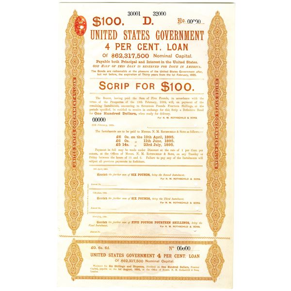 United States Government 4% Loan, Scrip for $100, 1895 Specimen Bond.