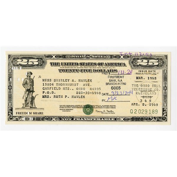 U.S. Savings Bond, 1968,  Freedom Share  Savings Note.