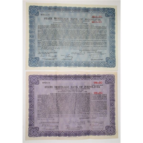 State Mortgage Bank of Yugoslavia, 1935-37, Pair of U.S. Dollar Denominated I/U Coupon Bonds