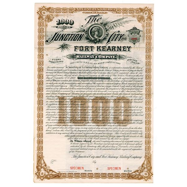 Junction City and Fort Kearney Railway Co., 1884 Specimen Bond