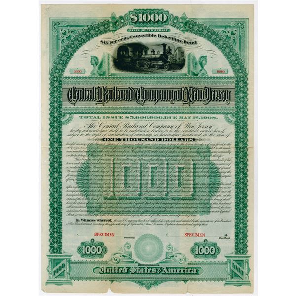 Central Railroad (Rail Road) Co of New Jersey. 1883. Specimen Bond.