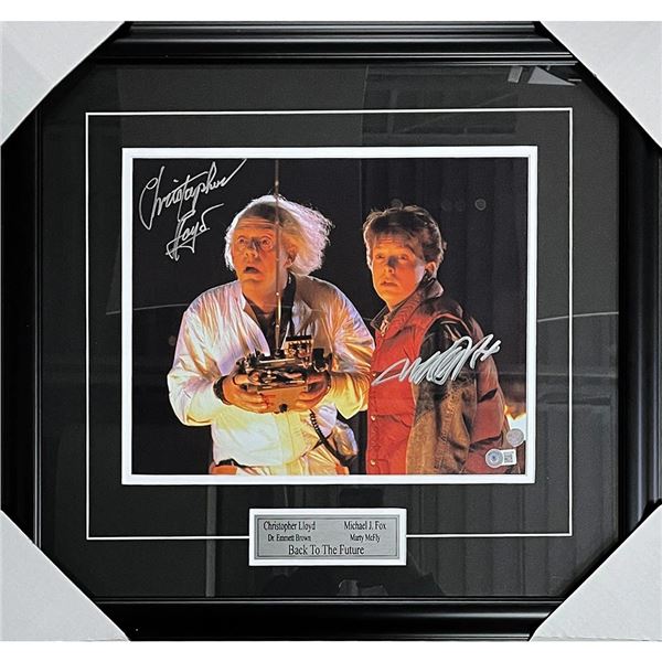 CHRISTOPHER LLOYD AND MICHAEL J FOX DUAL SIGNED AND FRAMED 16 X 20 DISPLAY (BECKETT COA)