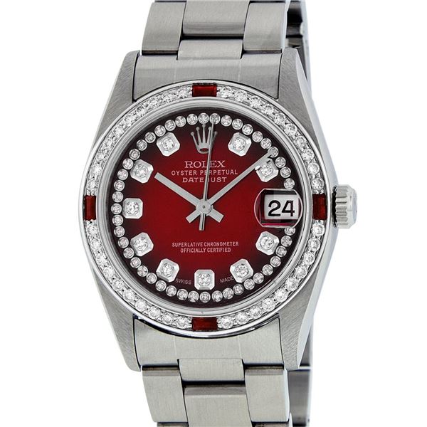 Rolex Mens Stainless Red String 18K White Gold Ruby Beadset With Oyster Band