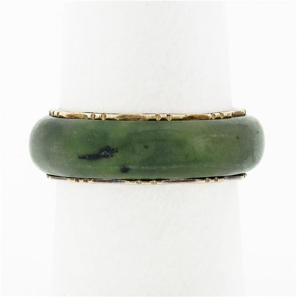 Antique Victorian 14k Yellow Gold & Domed Natural Green Jade 6.8mm Band Ring