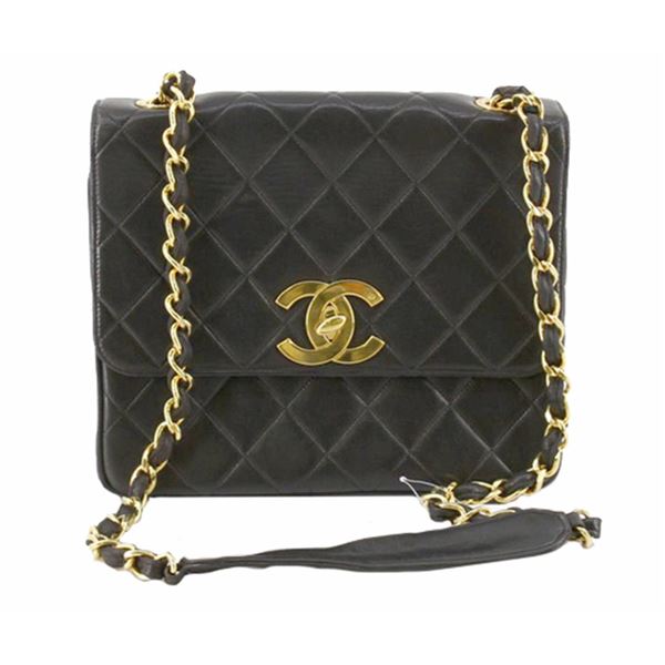 Chanel Black Quilted Lambskin Leather CC Square Medium Flap Shoulder Bag