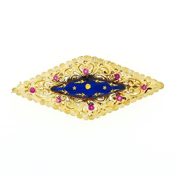 Vintage 18k Gold Round Ruby & Dark Blue Enamel Long Marquise Filigree Brooch Pin