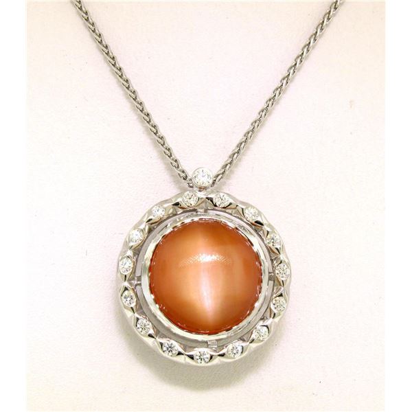 18k White Gold 7.59 ctw Peach Orange Bezel NATURAL Moonstone Diamond Halo Pendan