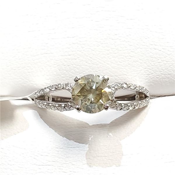 14K White Gold Yellowish Green Diamond (1.15Ct, I2) Diamonds (.40Ct, I1-I3, G-H) Ring (~Size 6)(Ring