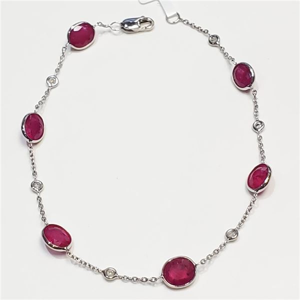 14K White Gold Six Ruby (7.5ct) Six Diamonds(0.11ct) Bracelet (~Size 0) (~weight 2.8g), Appraised Re