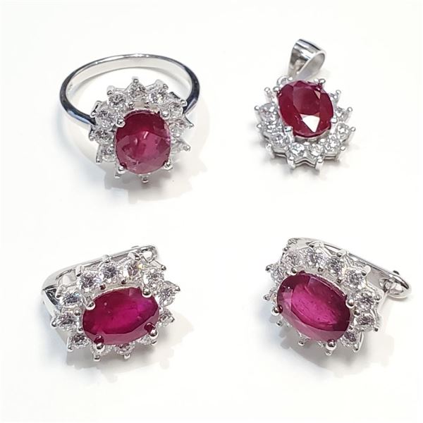 Silver Ruby Earrings, Pendant & Rings Set (~Size 0) (~length 0 inches), Suggested Retail Value $600