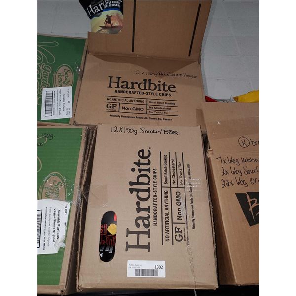 Lot of 2 cases of Hardbite Potato Chips 12x150g Rock Salt & Vinegar & 12x150g Smokin BBQ