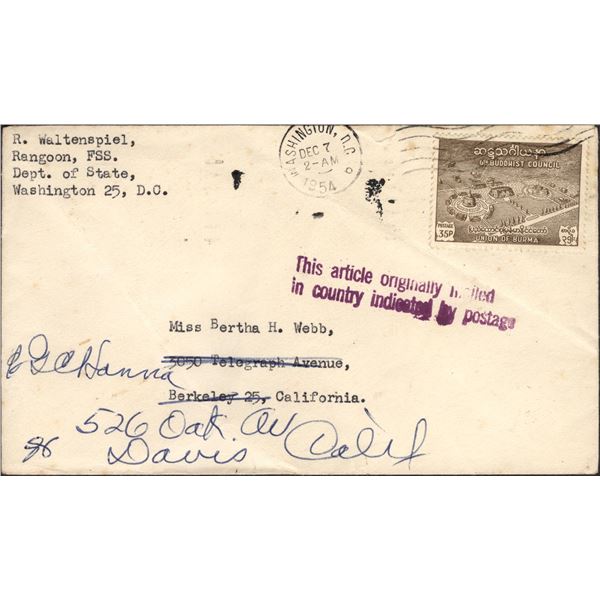 Burma cover with Slogan Cancellation with Postmark of MAIL EARLY FOR CHRISTMAS dispatched in 1954 to