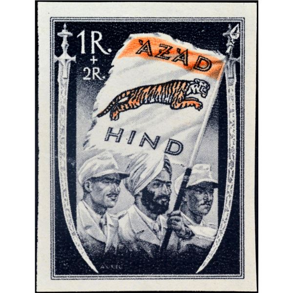 Rare MNH Stamp of Azad Hind Valued 1R + 2R with Black and Orange Color Flag.