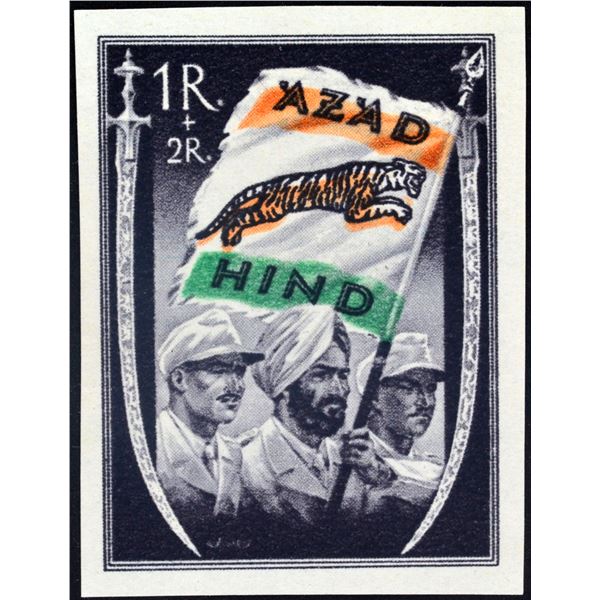 Rare MNH Stamp of Azad Hind Valued 1R + 2R with Orange and Emerald Green Color Flag.