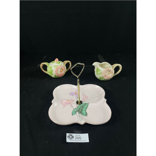 Vintage 1987 Fitz & Floyd Blushing Rose Cream & Sugar Set & Beautiful Kyoritsu Handled Server