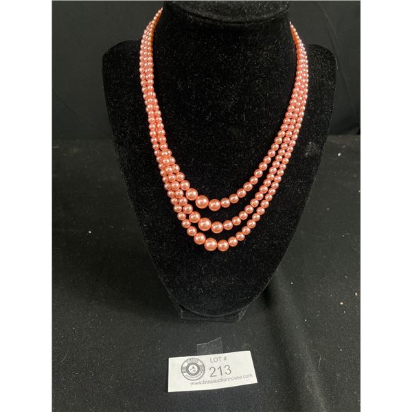 Beautiful Antique 3 Strand Pink Graduated Pearl Necklace w/Decorative Clasp Marked .835