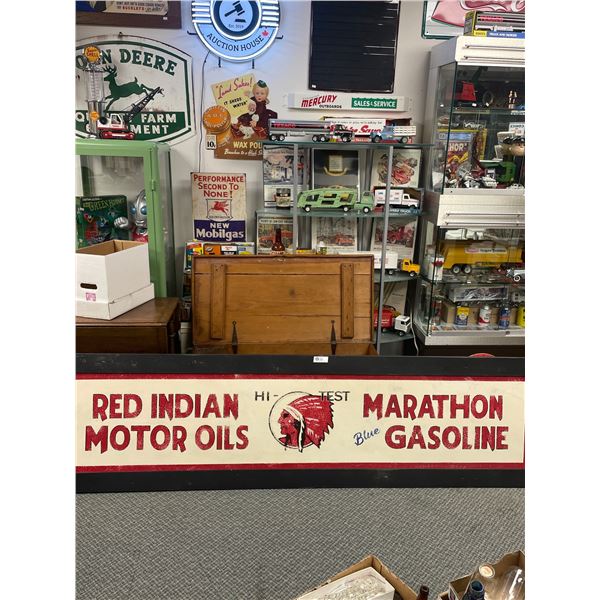 Red Indian Motor Oils Blue Marathon Gasoline Sign, Custom Made. 92" L x 24 1/2" H