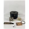 Image 1 : Antique Men's Shaving Kit ( Razor, 2 Hones, 2 Metal Containers In Box)