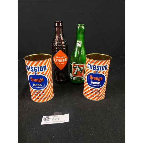 Vintage Original Pop Bottles And Cans (Mission, Orange Crush & 7 Up)