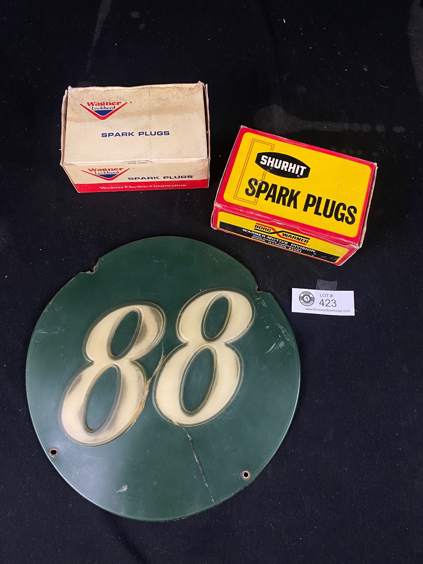 Vintage Plastic Pump Sign & NOS Boxes Of Sparkplugs - Unopened