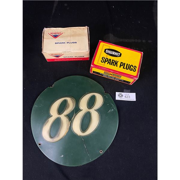 Vintage Plastic Pump Sign & NOS Boxes Of Sparkplugs - Unopened