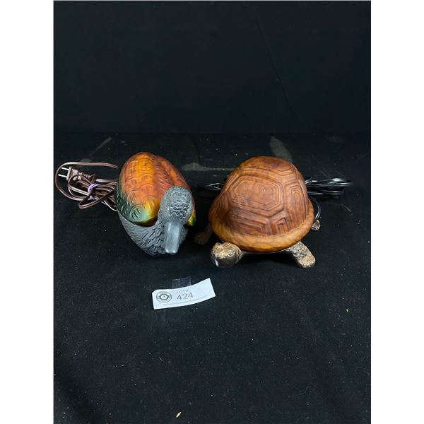 Vintage Amber Night Light Turtle Glass Cast, Iron Base & Duck Glass Cast Iron Bases - No Chips Or Cr