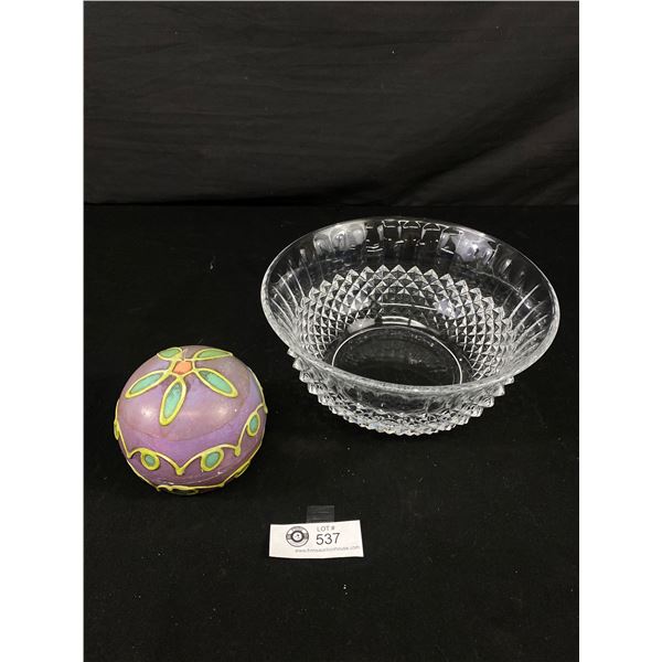 9" Diameter Crystal Bowl w/ Purple Lidded Dish