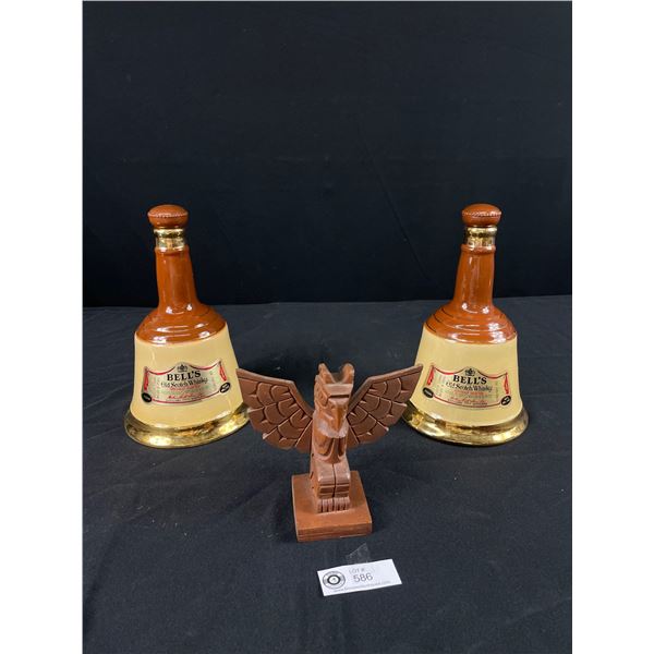 Vintage First Nations Hand Carved by Alert Bay Totem Pole + 2 Old Bells Scotch Whiskey Bottles Empty