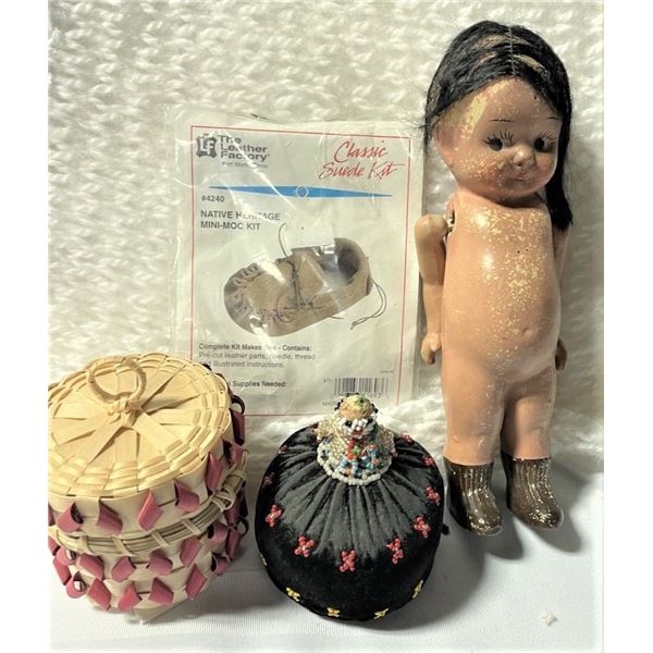 Native/Indiginous Vintage Pin Cushion, Composition Doll, Basket and Moccasin Sewing Kit