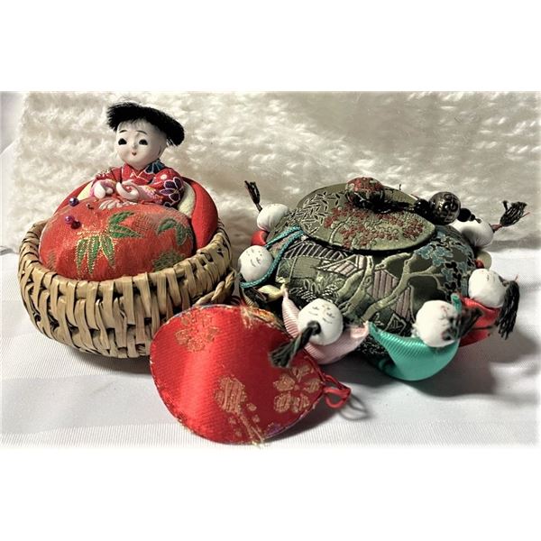Vintage Asian Pincushion, Container and Thimble Pip Set