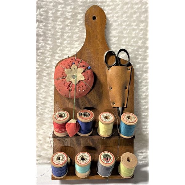 Vintage Wooden Wall Hanging Sewing Pincushion, Thread and Scissors
