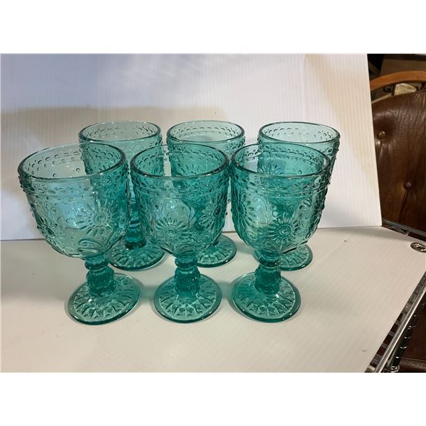 Six Teal Glasses , pedestal glasses