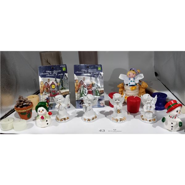 An Assortment of Xmas-Themed Ornaments/Candles and a Pair of Holland-Themed Wooden Shoes