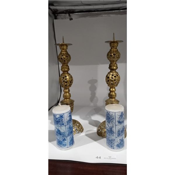 2 Vintage Brass Candle Holders with 2 Matching Candles
