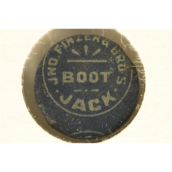 VINTAGE METAL TOBACCO TAG  BOOT JACK  COLORIZED