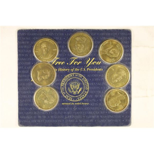 US PRESIDENTIAL BRASS TOKENS, 7 COIN HISTORY OF