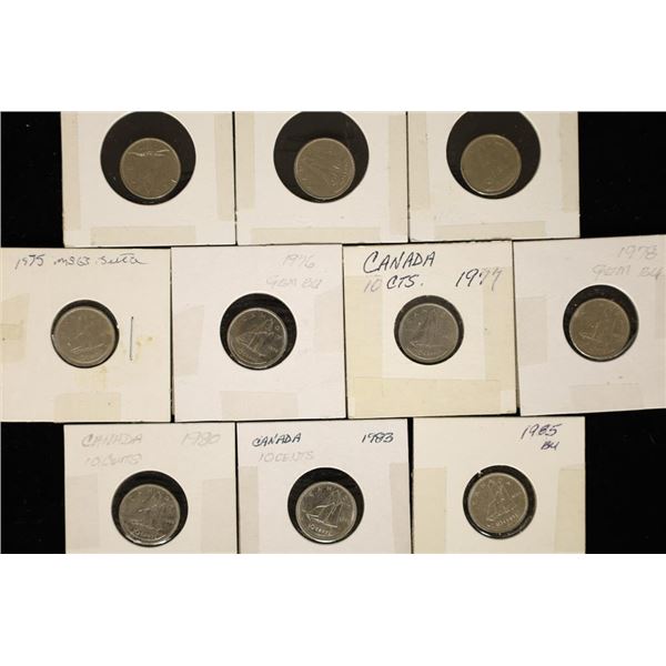 10 CANADA BRILLIANT UNC 10 CENT COINS, 1972,