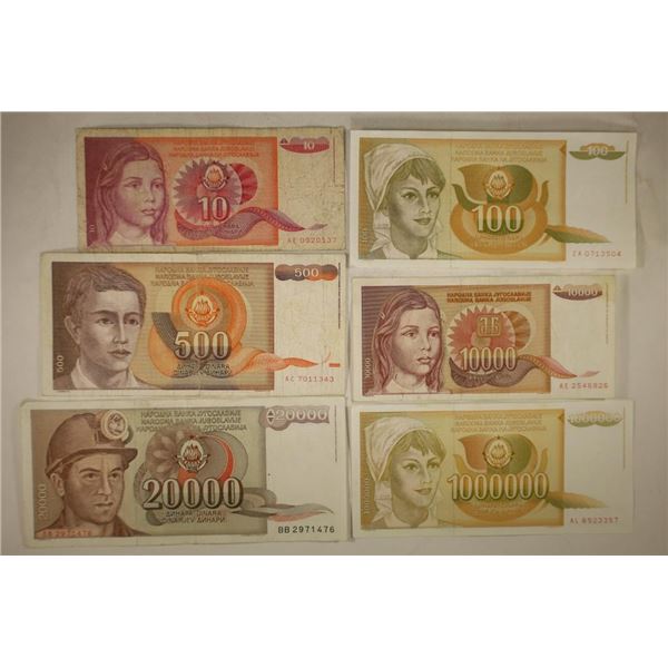 6-YUGOSLAVIAN BILLS: 1990-10 DINARA, 1990-100